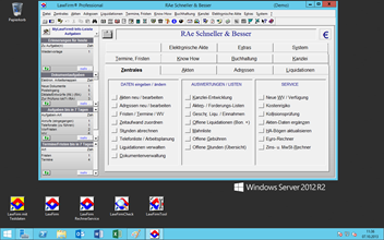 Windows Server 2012 R2 Anwaltssoftware Labortests - LawFirm Professional - Men-Hauptbersicht (Standard-Fenstergre ohne LawFirm Zoom, 1000 x 600) mit MyLawFirm Infoleiste (Workflow, Teamwork, Aufgabenverwaltung)